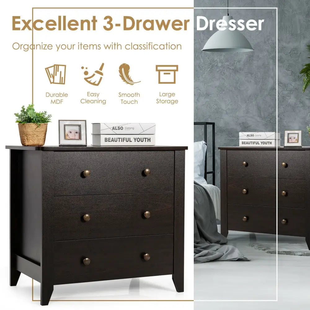 3 Drawer Dresser Chest of Drawers Bedside Table-Black - Black - Dressers & Chests