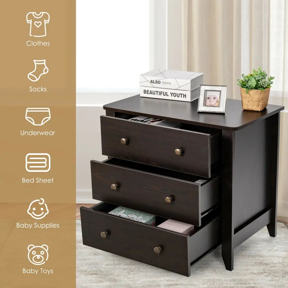 3 Drawer Dresser Chest of Drawers Bedside Table-Black - Black - Dressers & Chests
