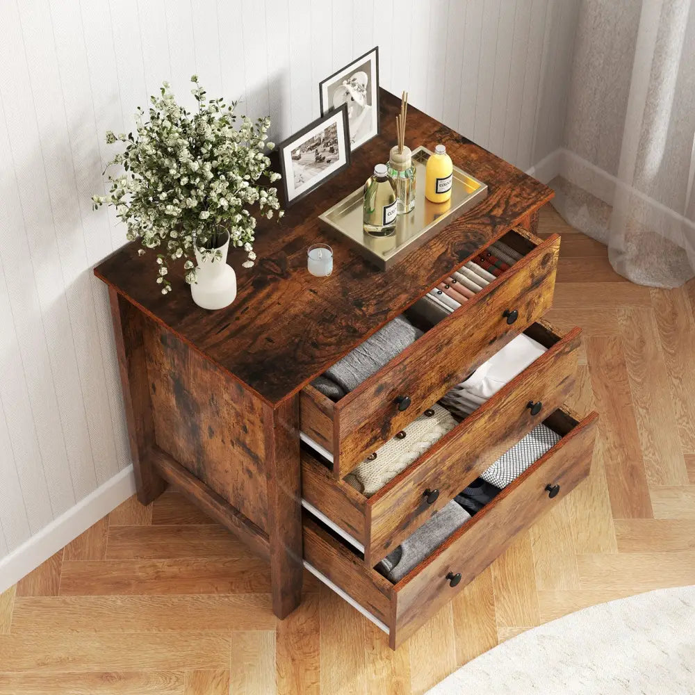 3 Drawer Dresser Chest of Drawers Bedside Table-Rustic Brown - Rustic Brown - Dressers & Chests