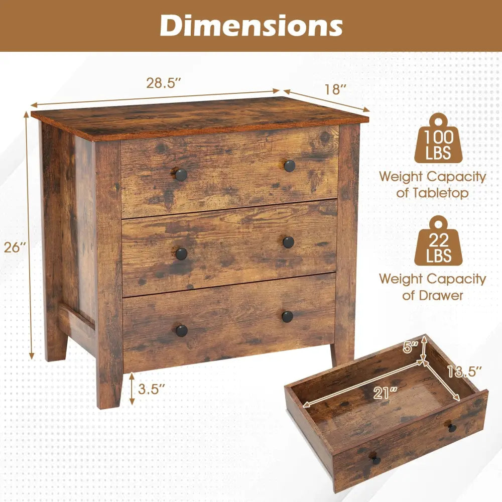 3 Drawer Dresser Chest of Drawers Bedside Table-Rustic Brown - Rustic Brown - Dressers & Chests
