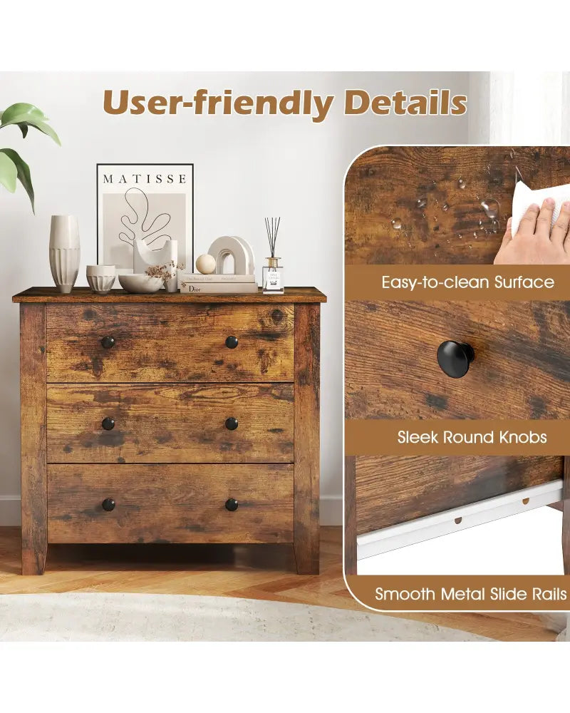 3 Drawer Dresser Chest of Drawers Bedside Table-Rustic Brown - Rustic Brown - Dressers & Chests