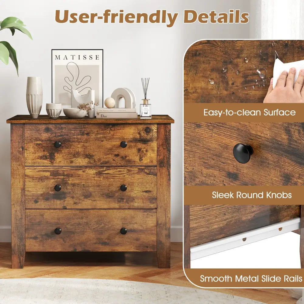 3 Drawer Dresser Chest of Drawers Bedside Table-Rustic Brown - Rustic Brown - Dressers & Chests