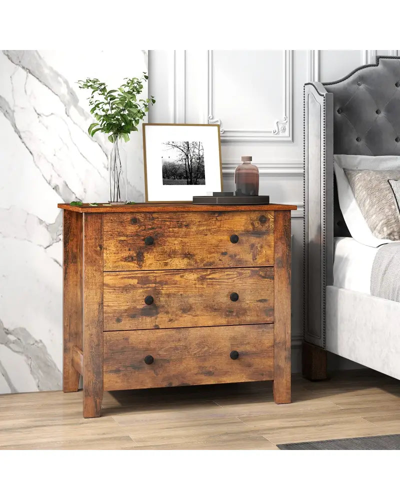 3 Drawer Dresser Chest of Drawers Bedside Table-Rustic Brown - Rustic Brown - Dressers & Chests
