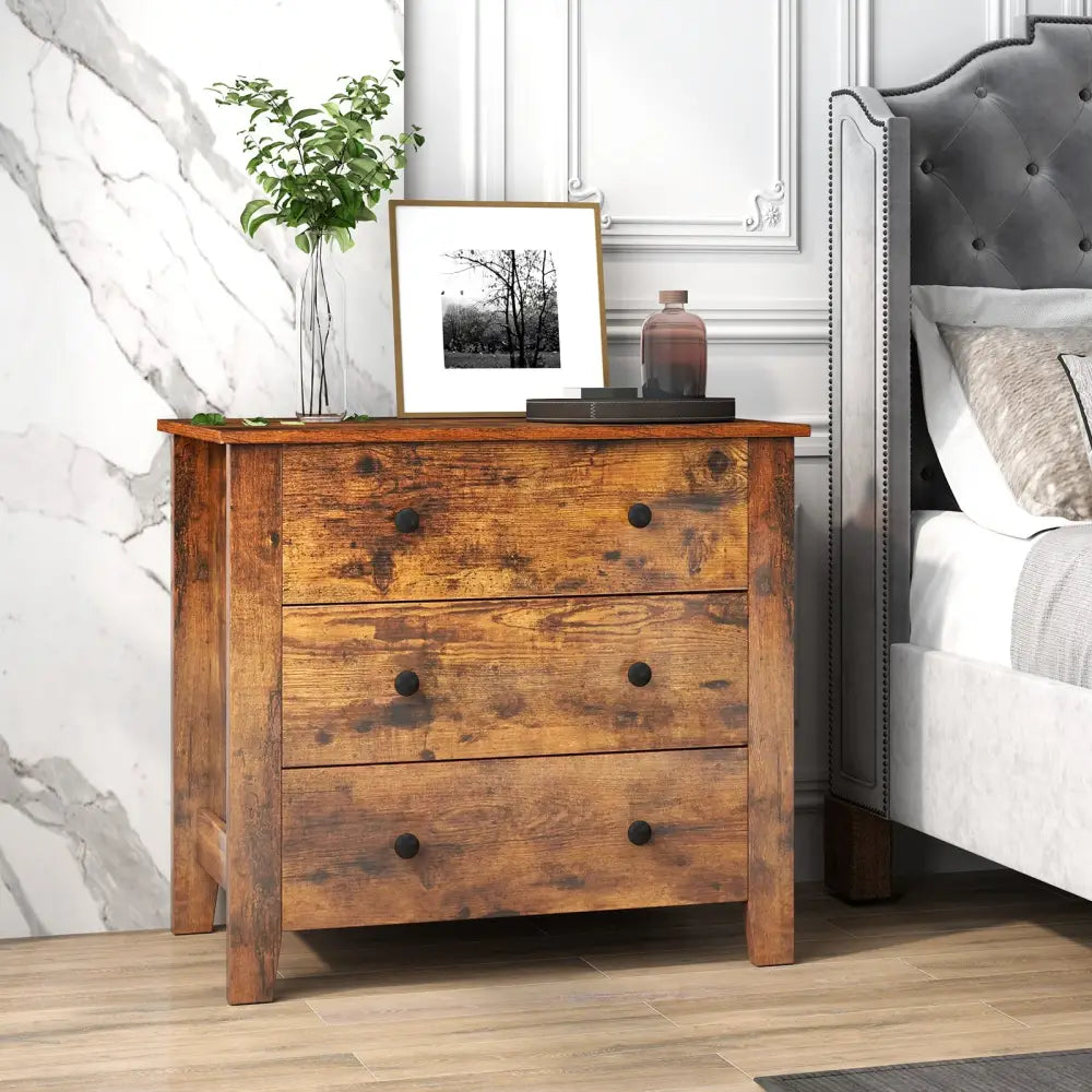 3 Drawer Dresser Chest of Drawers Bedside Table-Rustic Brown - Rustic Brown - Dressers & Chests
