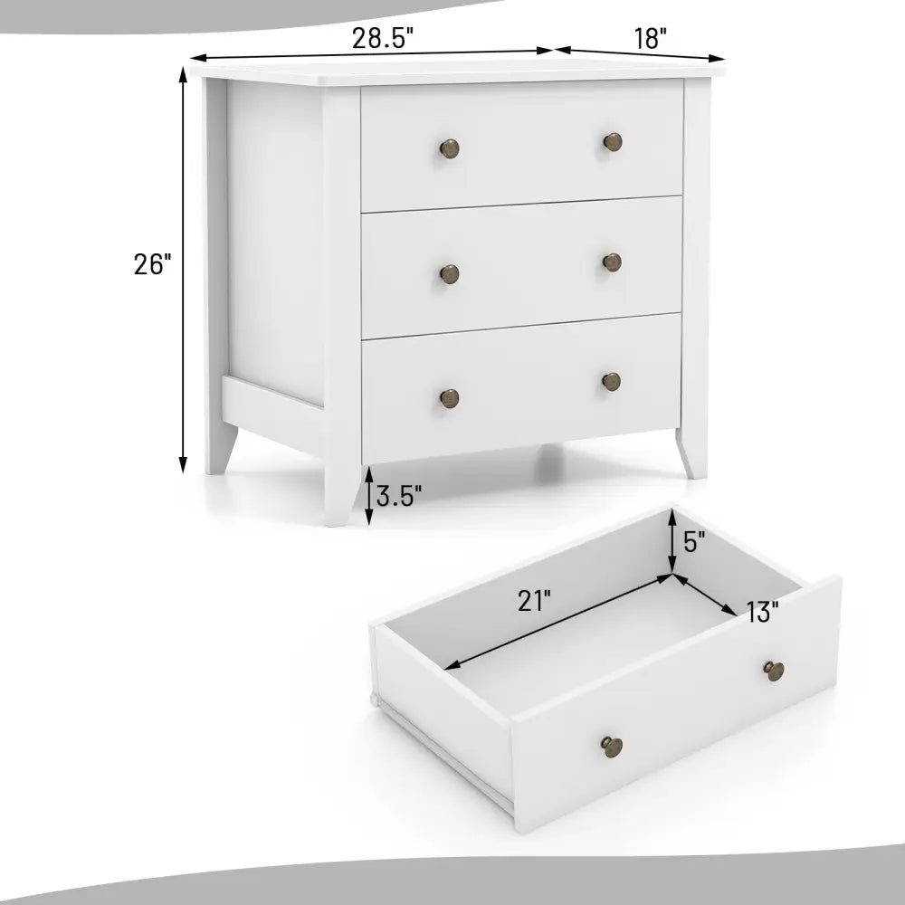 3 Drawer Dresser Chest of Drawers Bedside Table-White - White - Dressers & Chests