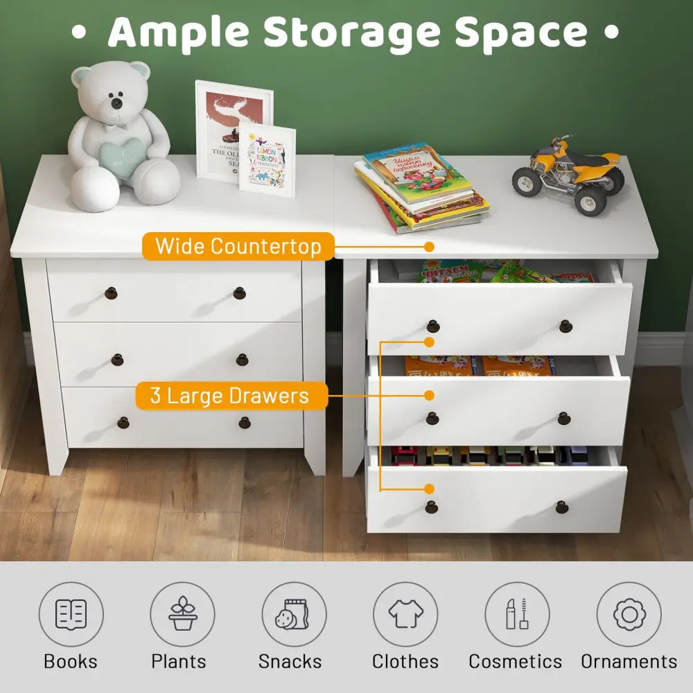 3 Drawer Dresser Chest of Drawers Bedside Table-White - White - Dressers & Chests