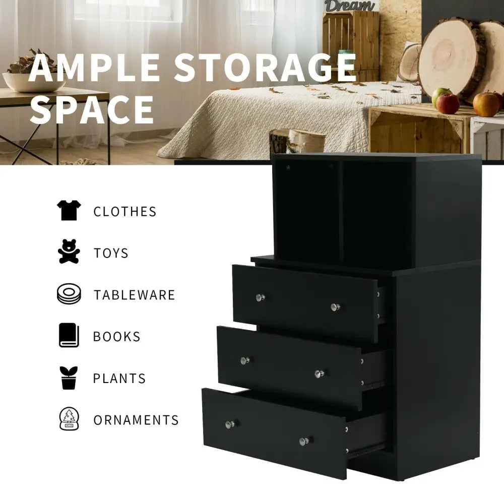3 Drawer Dresser with Cubbies Storage Chest for Bedroom Living Room-Black - Black - Dressers & Chests