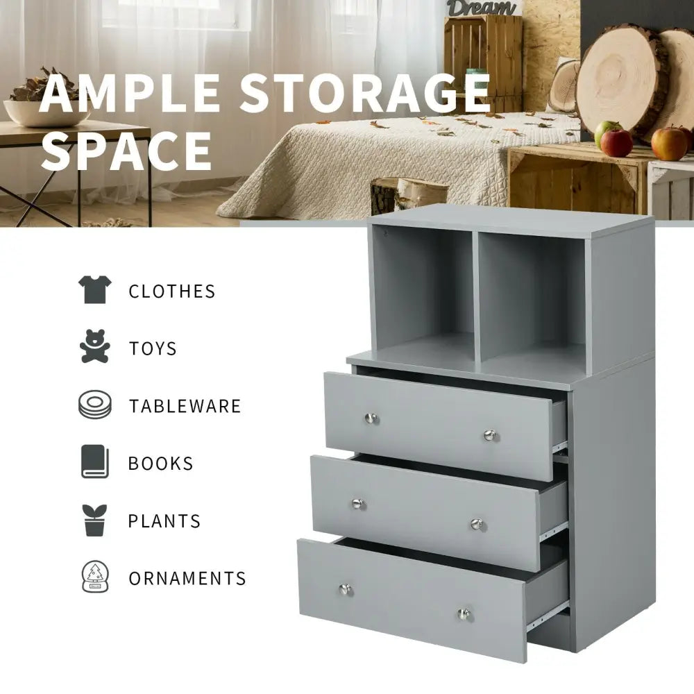 3 Drawer Dresser with Cubbies Storage Chest for Bedroom Living Room-Gray - Gray - Dressers & Chests