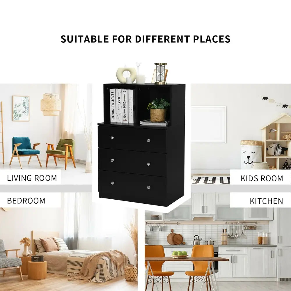 3 Drawer Dresser with Cubbies Storage Chest for Bedroom Living Room-Black - Black - Dressers & Chests