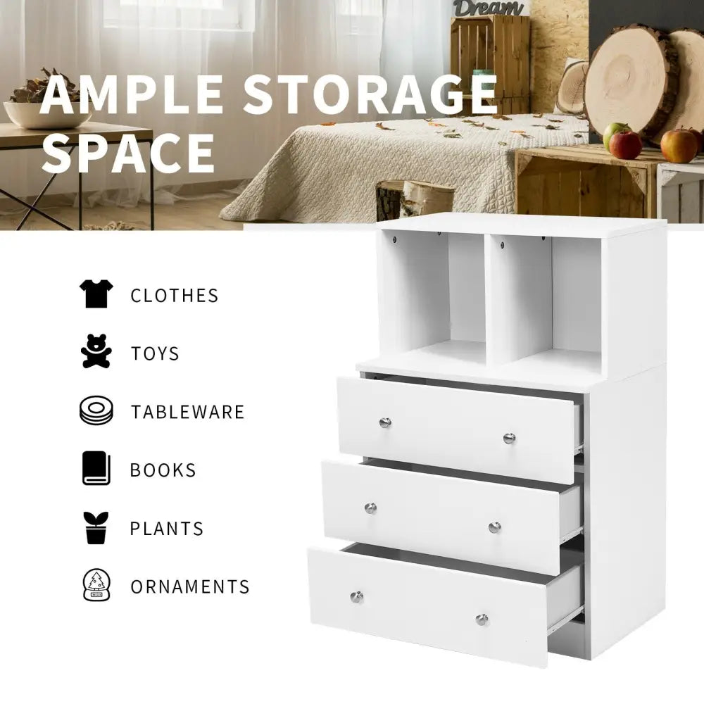 3 Drawer Dresser with Cubbies Storage Chest for Bedroom Living Room-White - White - Dressers & Chests