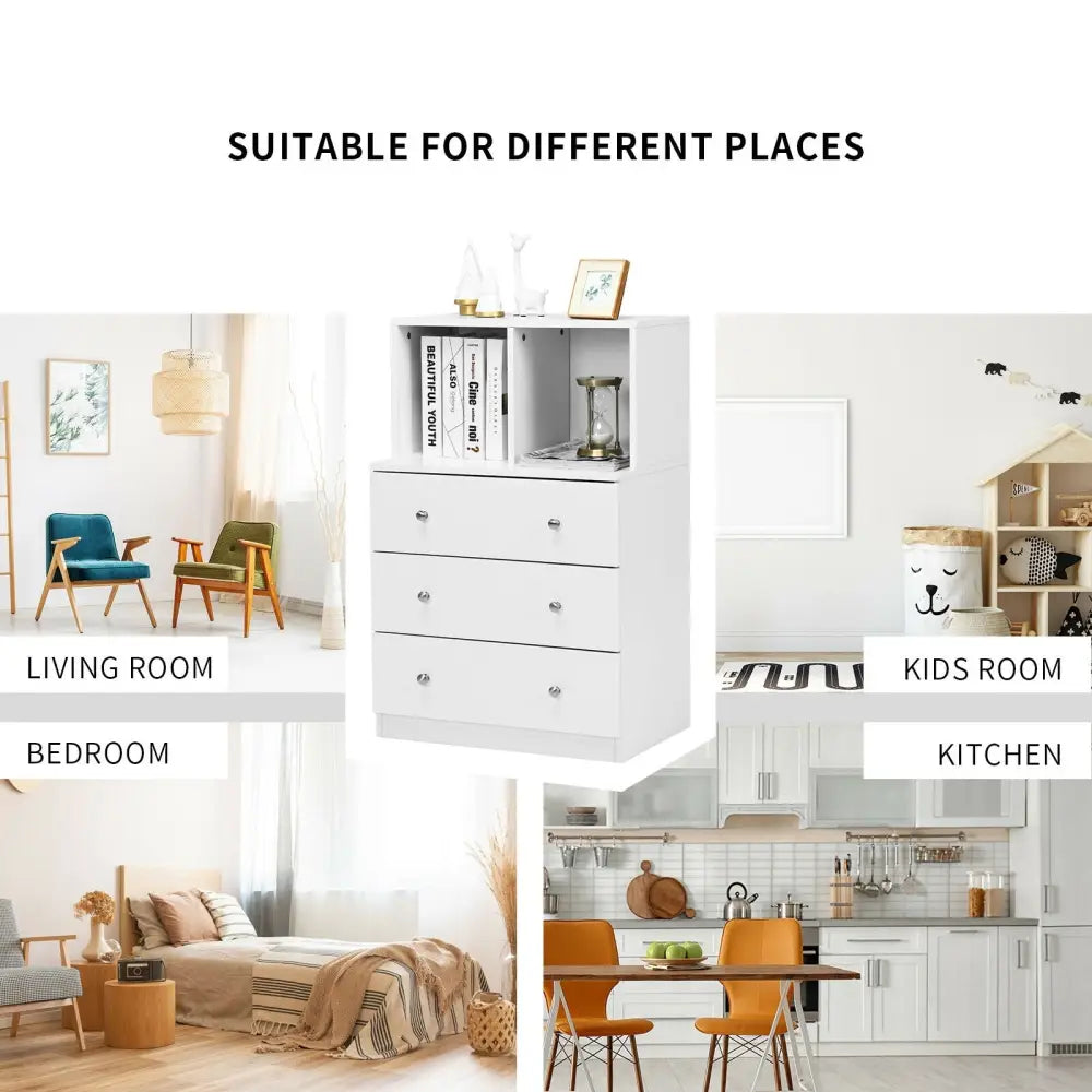 3 Drawer Dresser with Cubbies Storage Chest for Bedroom Living Room-White - White - Dressers & Chests