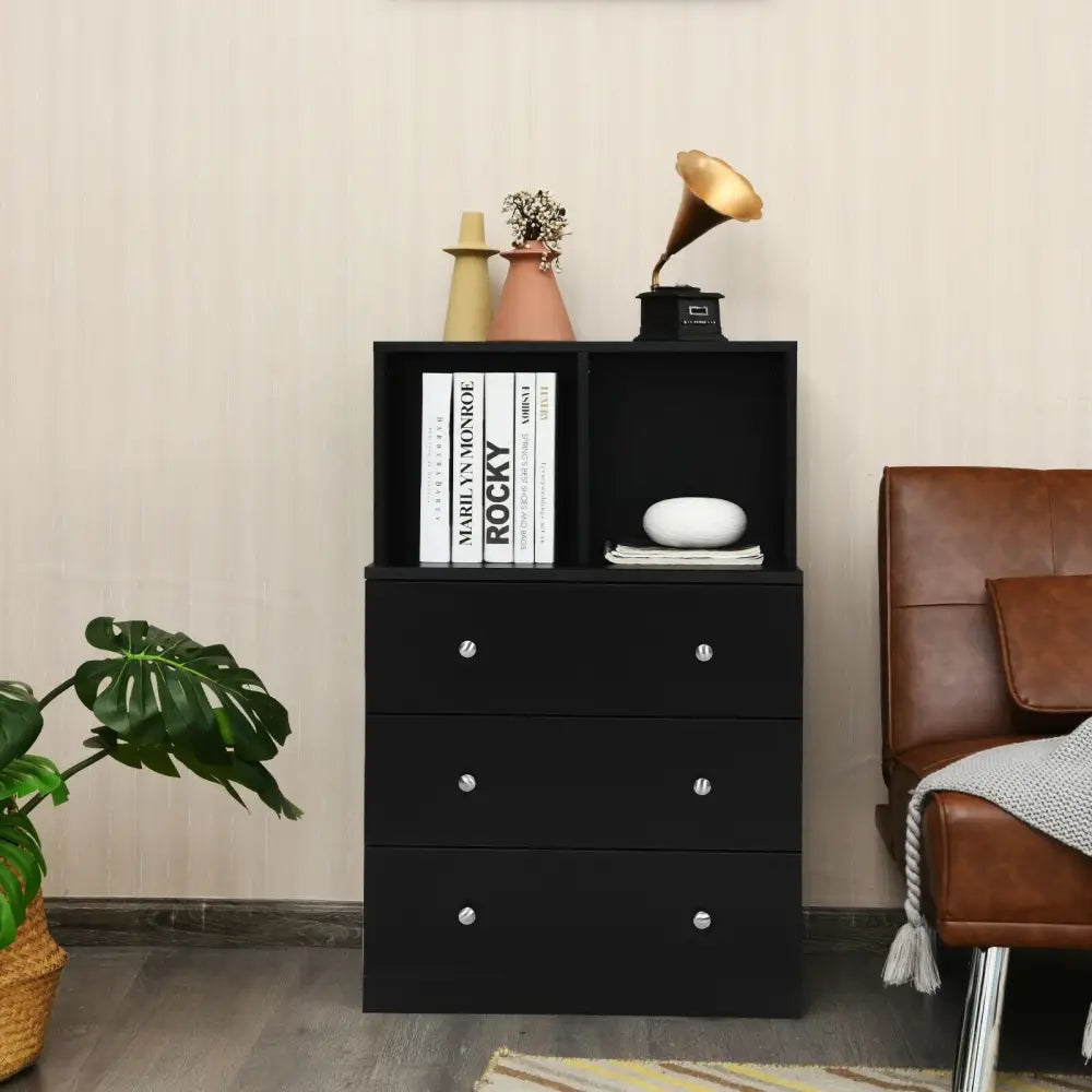 3 Drawer Dresser with Cubbies Storage Chest for Bedroom Living Room-Black - Black - Dressers & Chests