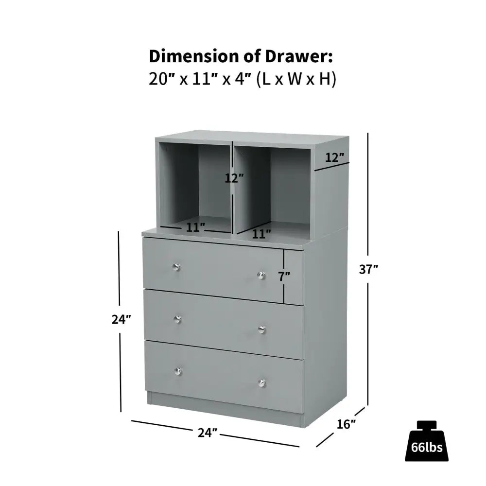3 Drawer Dresser with Cubbies Storage Chest for Bedroom Living Room-Gray - Gray - Dressers & Chests