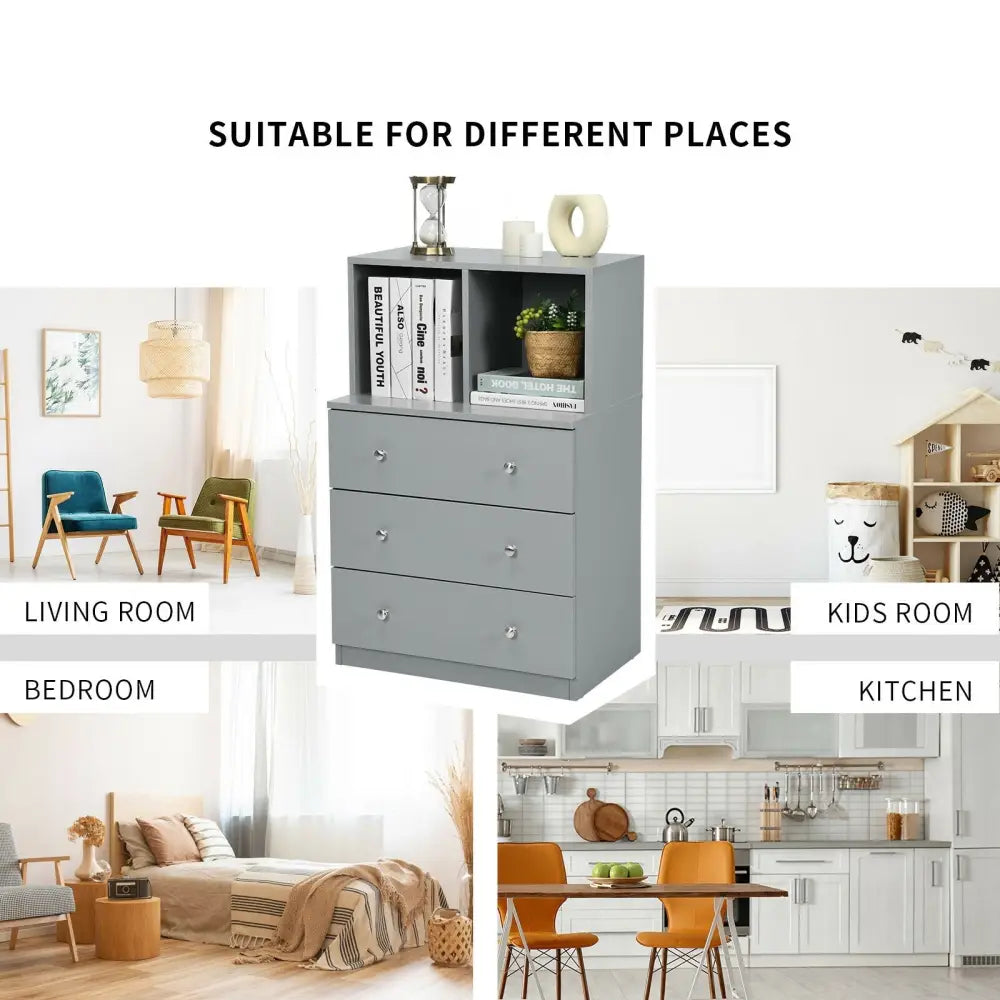 3 Drawer Dresser with Cubbies Storage Chest for Bedroom Living Room-Gray - Gray - Dressers & Chests