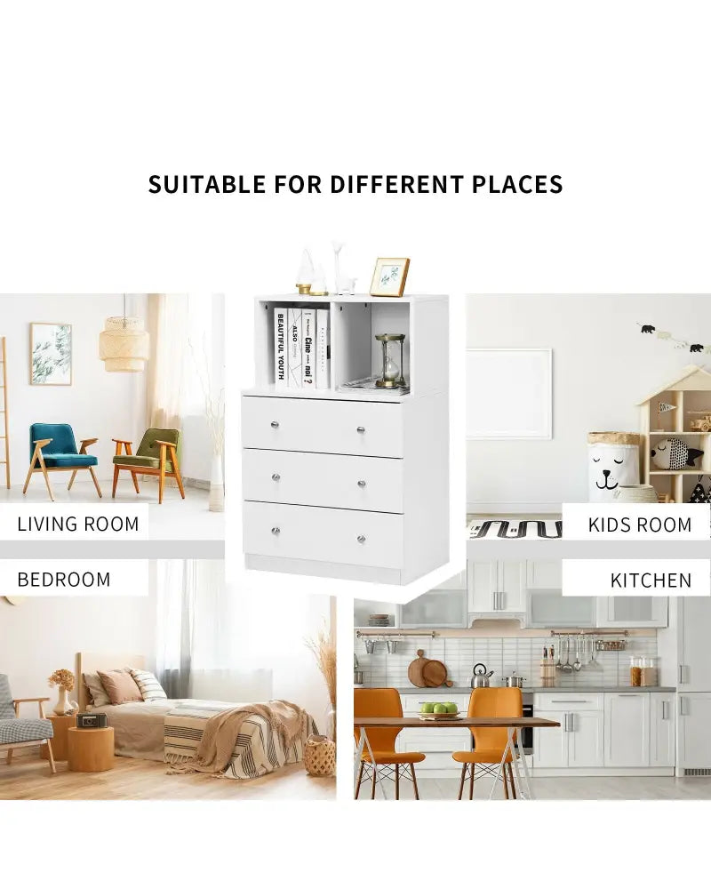 3 Drawer Dresser with Cubbies Storage Chest for Bedroom Living Room-White - White - Dressers & Chests
