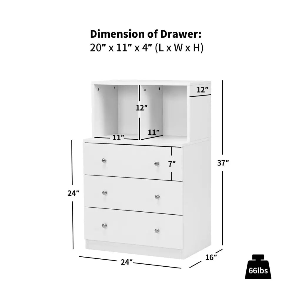 3 Drawer Dresser with Cubbies Storage Chest for Bedroom Living Room-White - White - Dressers & Chests