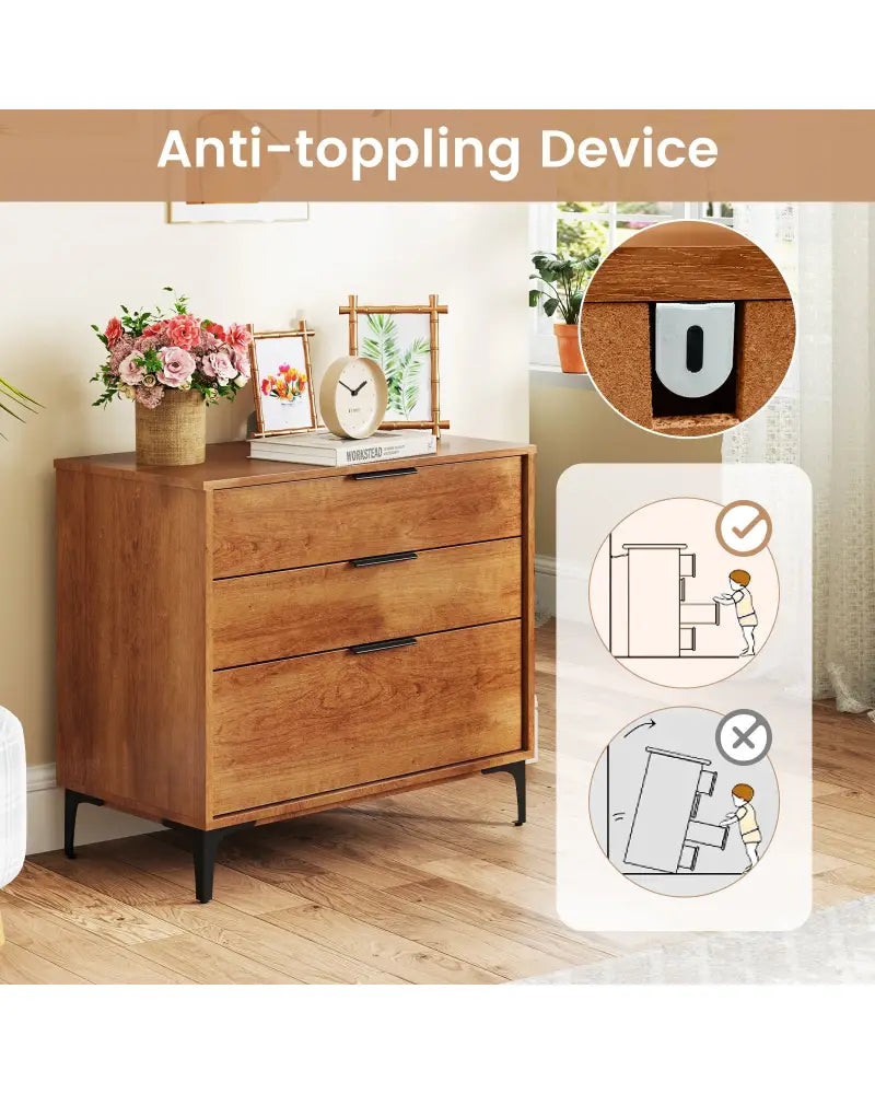 3 Drawer Dresser with Interlock System for Bedroom Living Room-Cherry - Cherry - Dressers & Chests