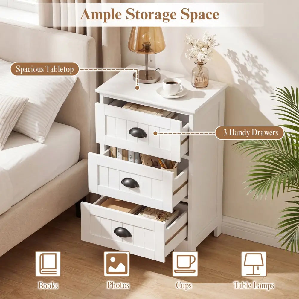 3-Drawer End Storage Wood Side Nightstand-White - White - Nightstands