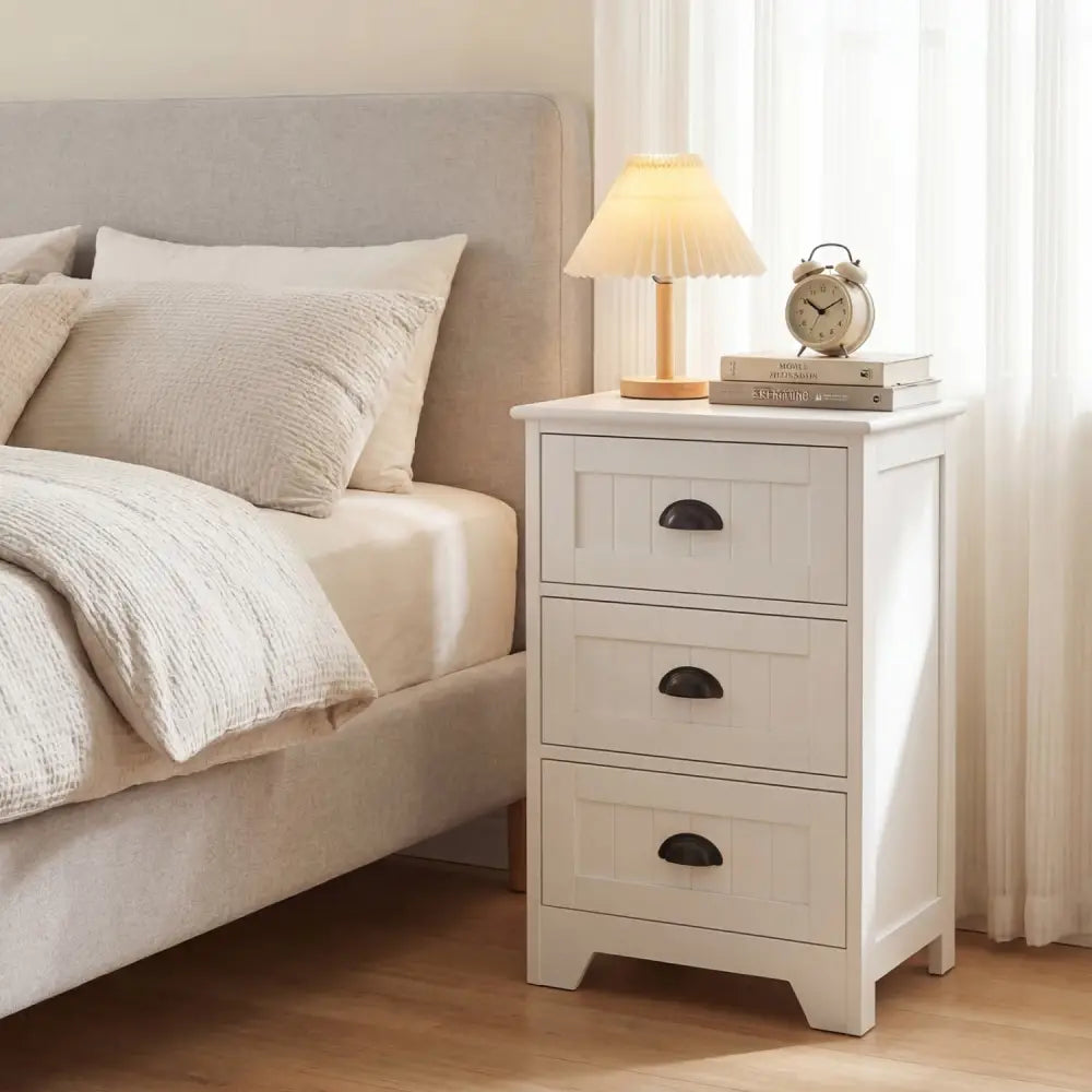 3-Drawer End Storage Wood Side Nightstand-White - White - Nightstands