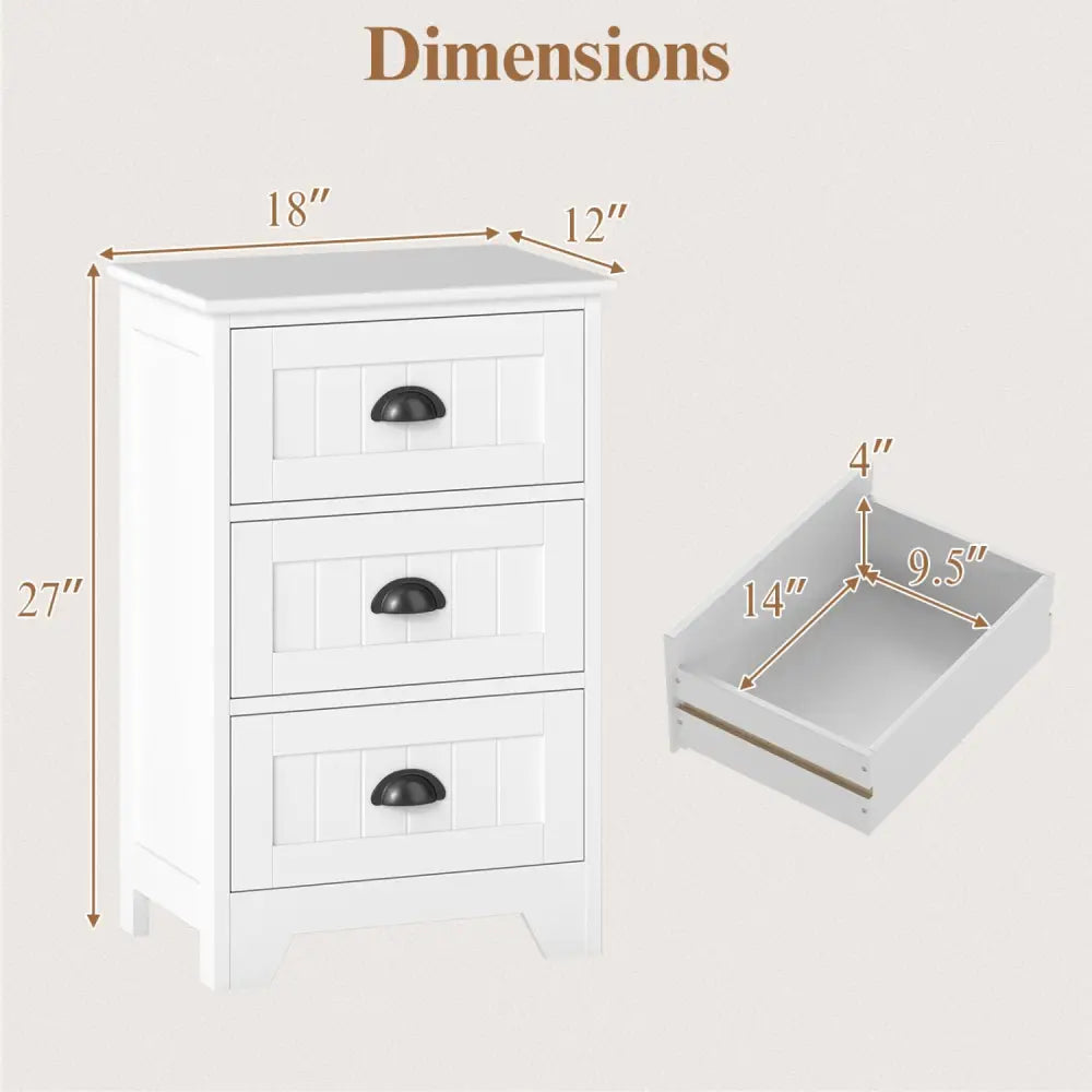 3-Drawer End Storage Wood Side Nightstand-White - White - Nightstands