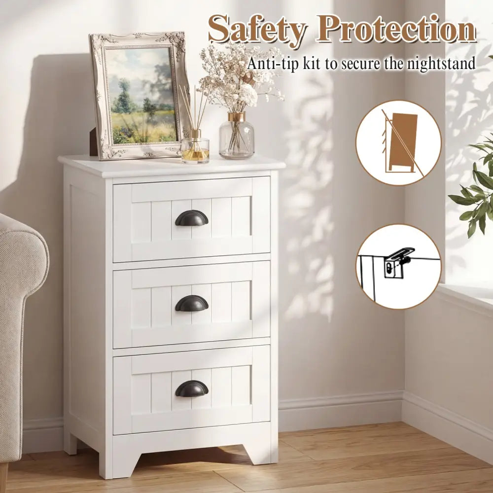 3-Drawer End Storage Wood Side Nightstand-White - White - Nightstands