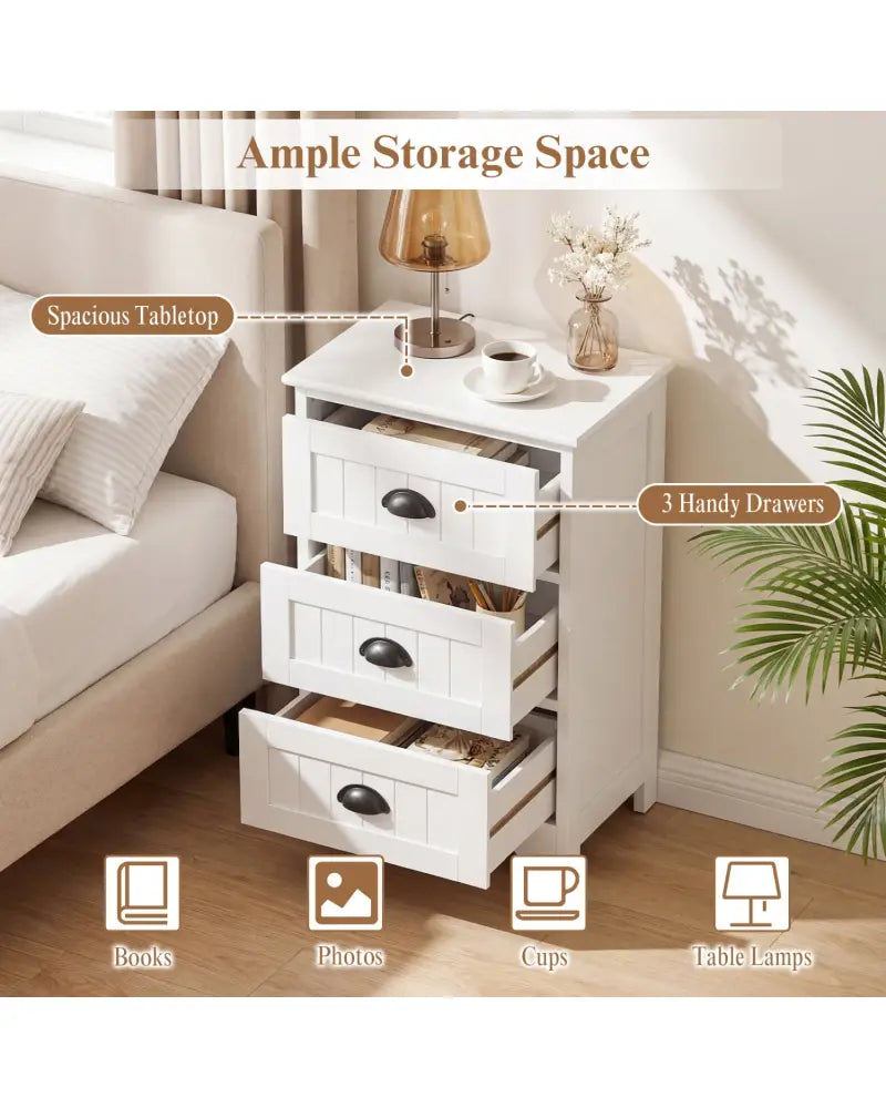 3-Drawer End Storage Wood Side Nightstand-White - White - Nightstands
