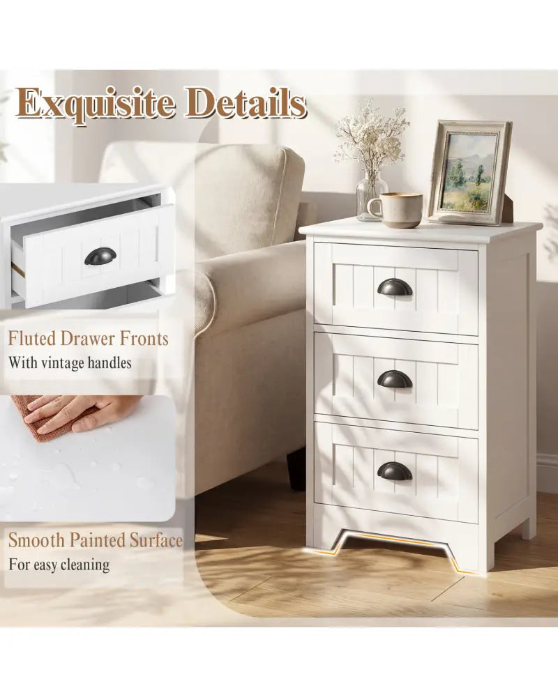 3-Drawer End Storage Wood Side Nightstand-White - White - Nightstands