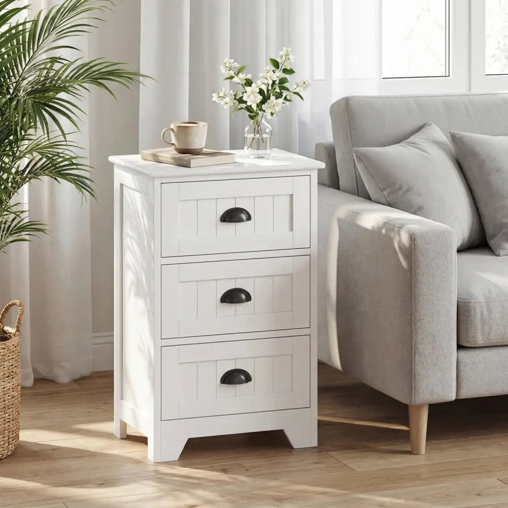 3-Drawer End Storage Wood Side Nightstand-White - White - Nightstands