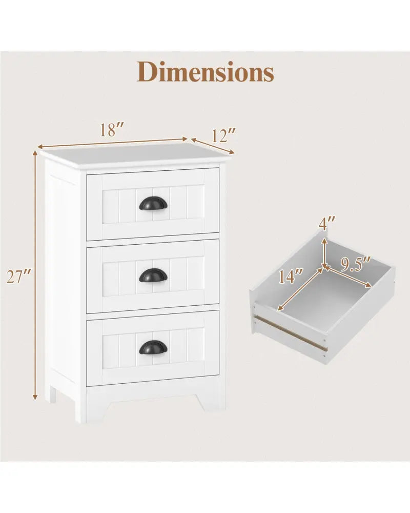 3-Drawer End Storage Wood Side Nightstand-White - White - Nightstands