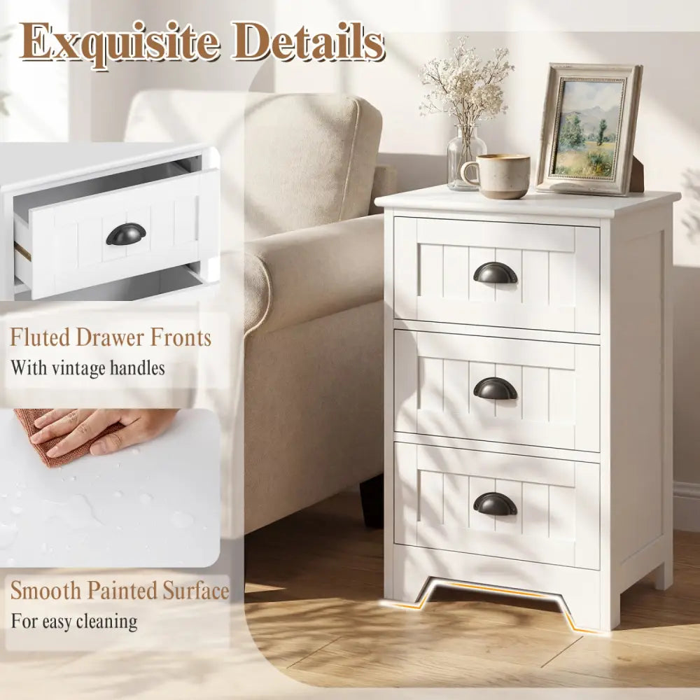 3-Drawer End Storage Wood Side Nightstand-White - White - Nightstands
