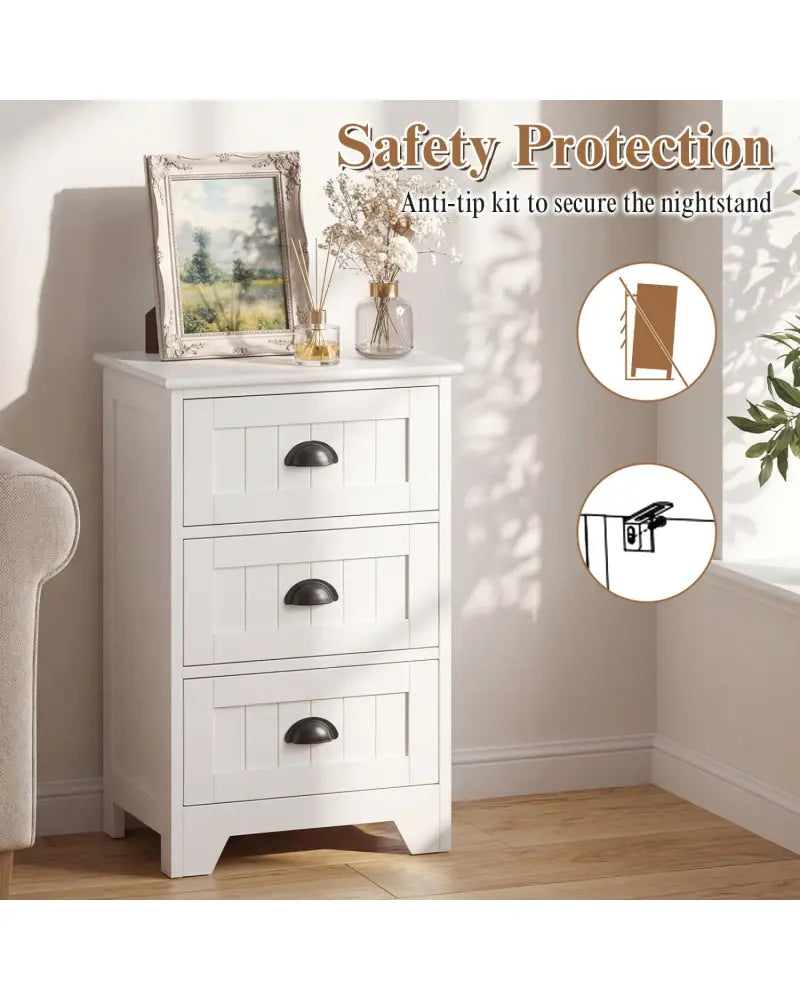 3-Drawer End Storage Wood Side Nightstand-White - White - Nightstands