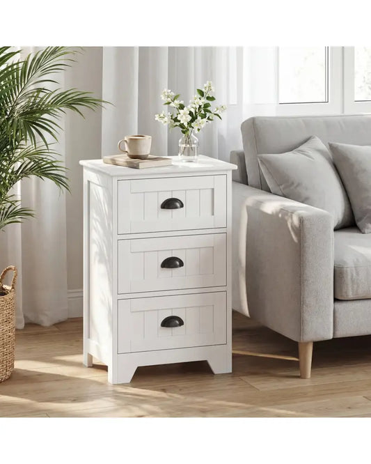 3-Drawer End Storage Wood Side Nightstand-White - White - Nightstands