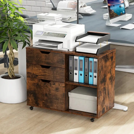 3-Drawer File Cabinet with Adjustable Shelf and Wheels for Letter-Rustic Brown Costway