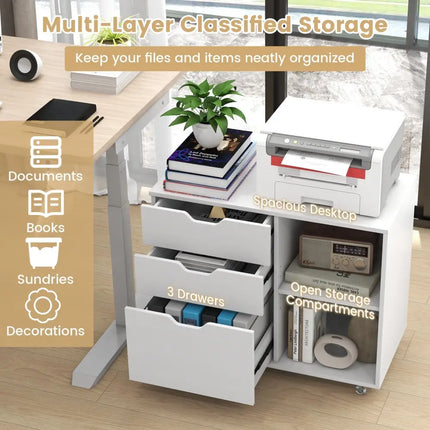 3-Drawer File Cabinet with Adjustable Shelf and Wheels for Letter-White Costway