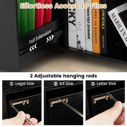 3-Drawer File Cabinet with Adjustable Shelf and Wheels for Letter-Black Costway