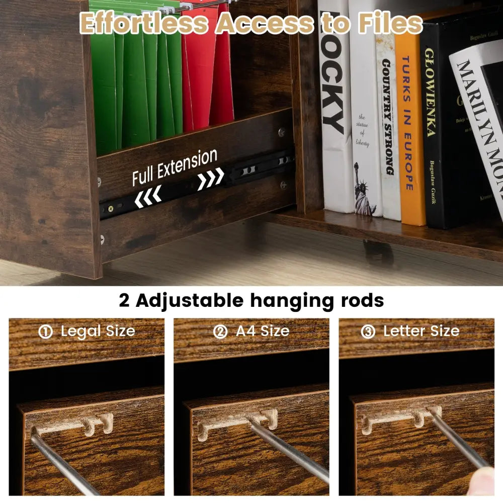 3-Drawer File Cabinet with Adjustable Shelf and Wheels for Letter-Rustic Brown - Rustic Brown - File Cabinets