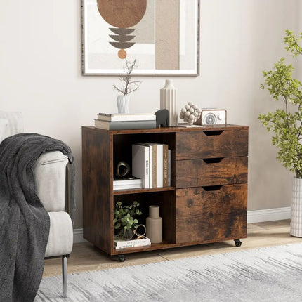 3-Drawer File Cabinet with Adjustable Shelf and Wheels for Letter-Rustic Brown Costway