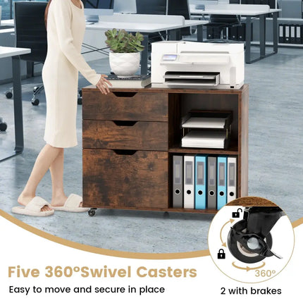 3-Drawer File Cabinet with Adjustable Shelf and Wheels for Letter-Rustic Brown Costway