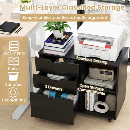 3-Drawer File Cabinet with Adjustable Shelf and Wheels for Letter-Black Costway