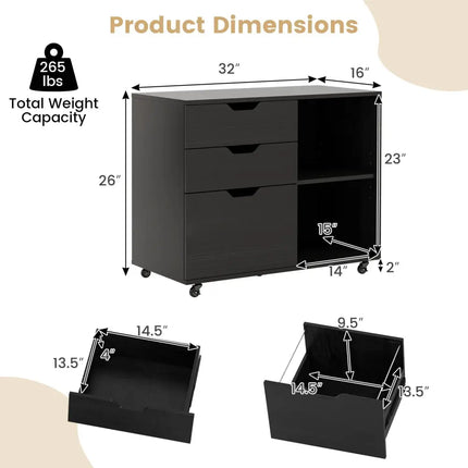 3-Drawer File Cabinet with Adjustable Shelf and Wheels for Letter-Black Costway