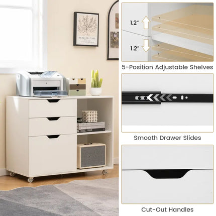 3-Drawer File Cabinet with Adjustable Shelf and Wheels for Letter-White Costway