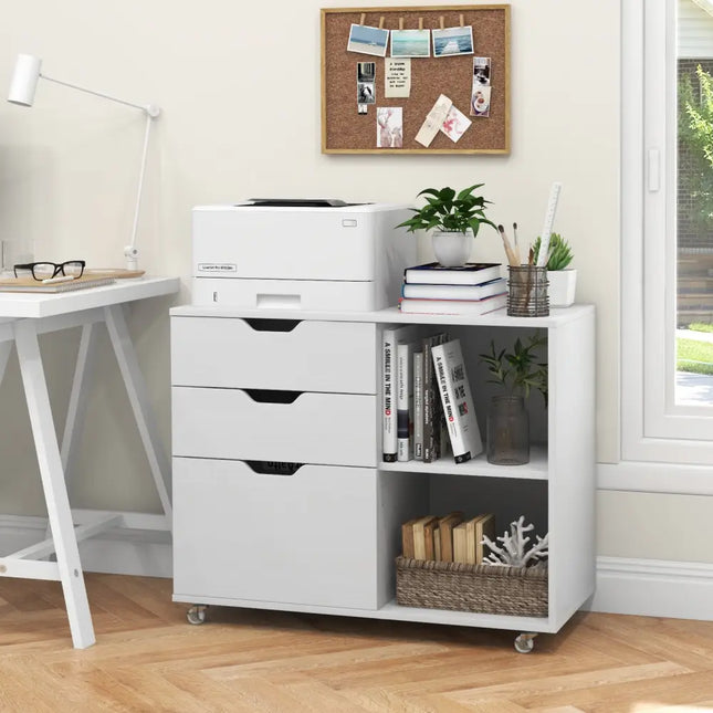 3-Drawer File Cabinet with Adjustable Shelf and Wheels for Letter-White Costway