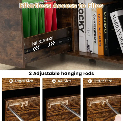 3-Drawer File Cabinet with Adjustable Shelf and Wheels for Letter-Rustic Brown Costway