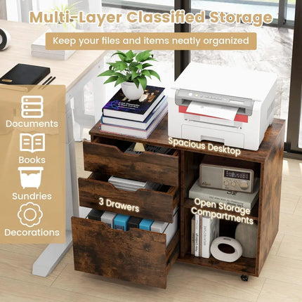 3-Drawer File Cabinet with Adjustable Shelf and Wheels for Letter-Rustic Brown Costway