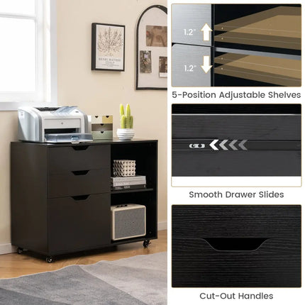 3-Drawer File Cabinet with Adjustable Shelf and Wheels for Letter-Black Costway