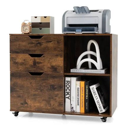 3-Drawer File Cabinet with Adjustable Shelf and Wheels for Letter-Rustic Brown Costway