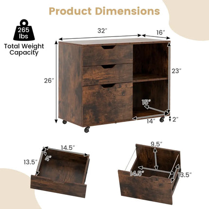 3-Drawer File Cabinet with Adjustable Shelf and Wheels for Letter-Rustic Brown Costway