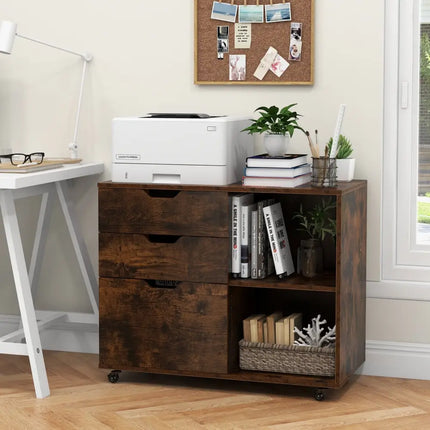 3-Drawer File Cabinet with Adjustable Shelf and Wheels for Letter-Rustic Brown Costway