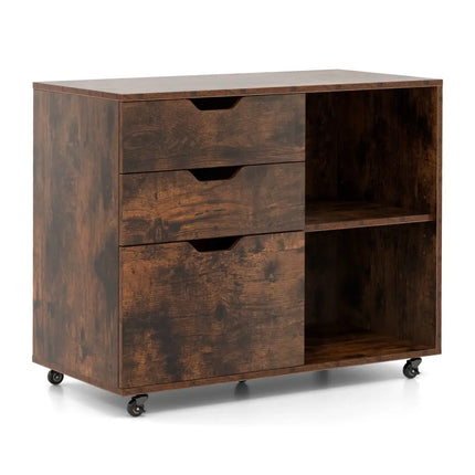 3-Drawer File Cabinet with Adjustable Shelf and Wheels for Letter-Rustic Brown Costway