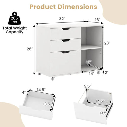 3-Drawer File Cabinet with Adjustable Shelf and Wheels for Letter-White Costway